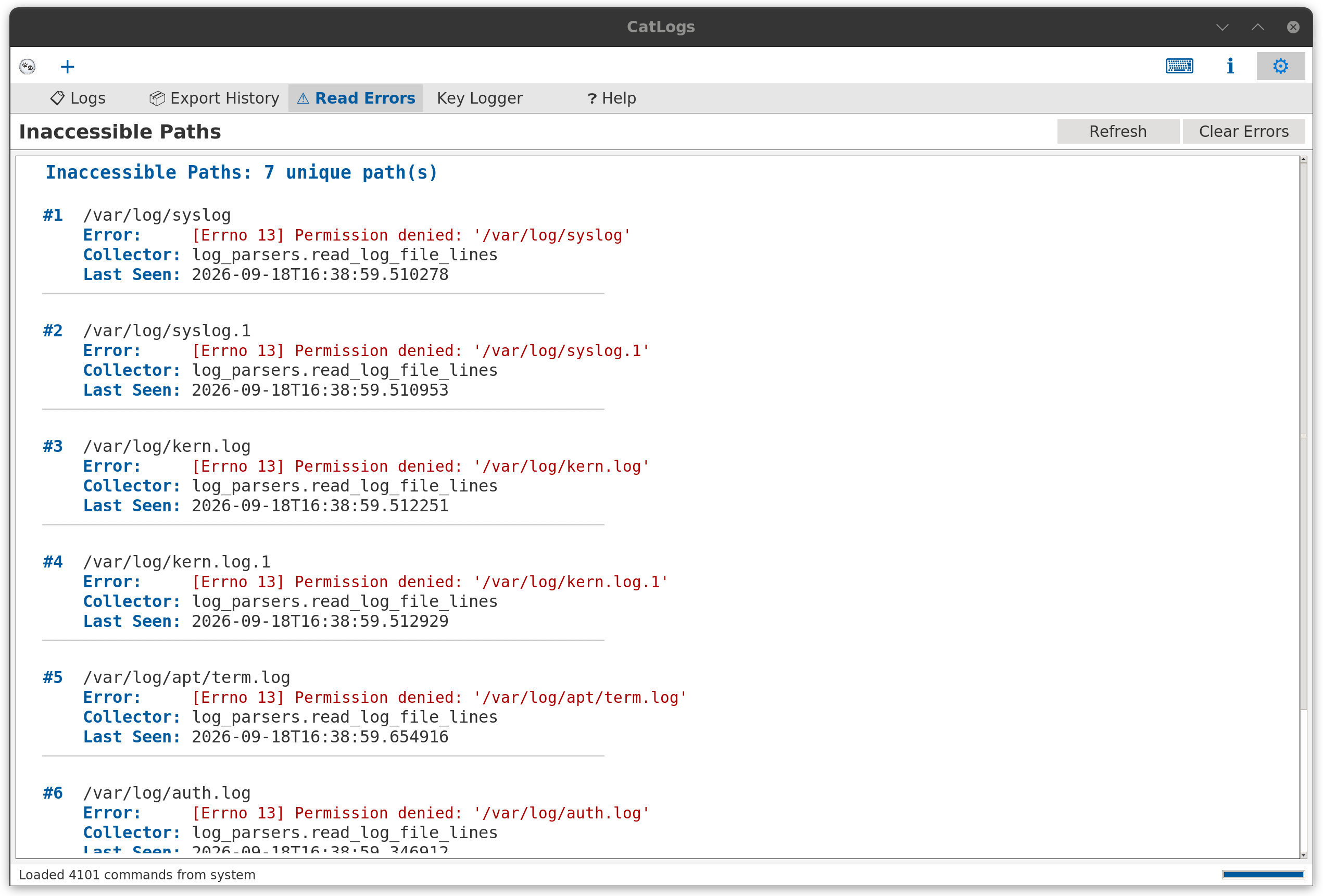 Read Errors tab showing inaccessible paths with Permission Denied errors for syslog, kern.log, auth.log and other system log files
