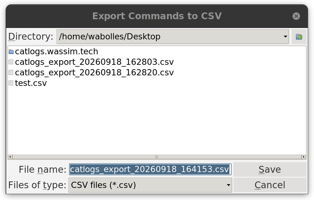 Export Commands to CSV dialog with directory browser, file name field, and Save/Cancel buttons