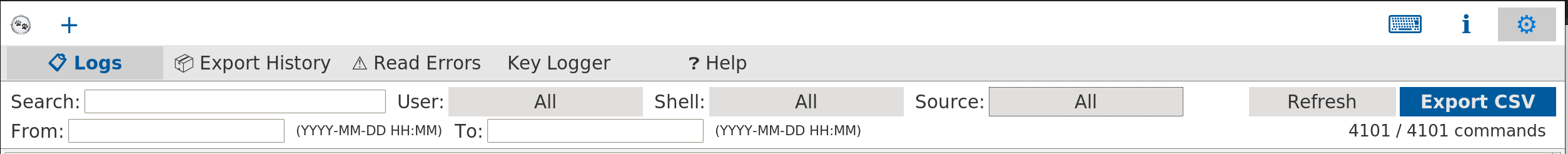 CatLogs filter and search toolbar showing Search, User, Shell, Source, From/To fields, Refresh and Export CSV buttons