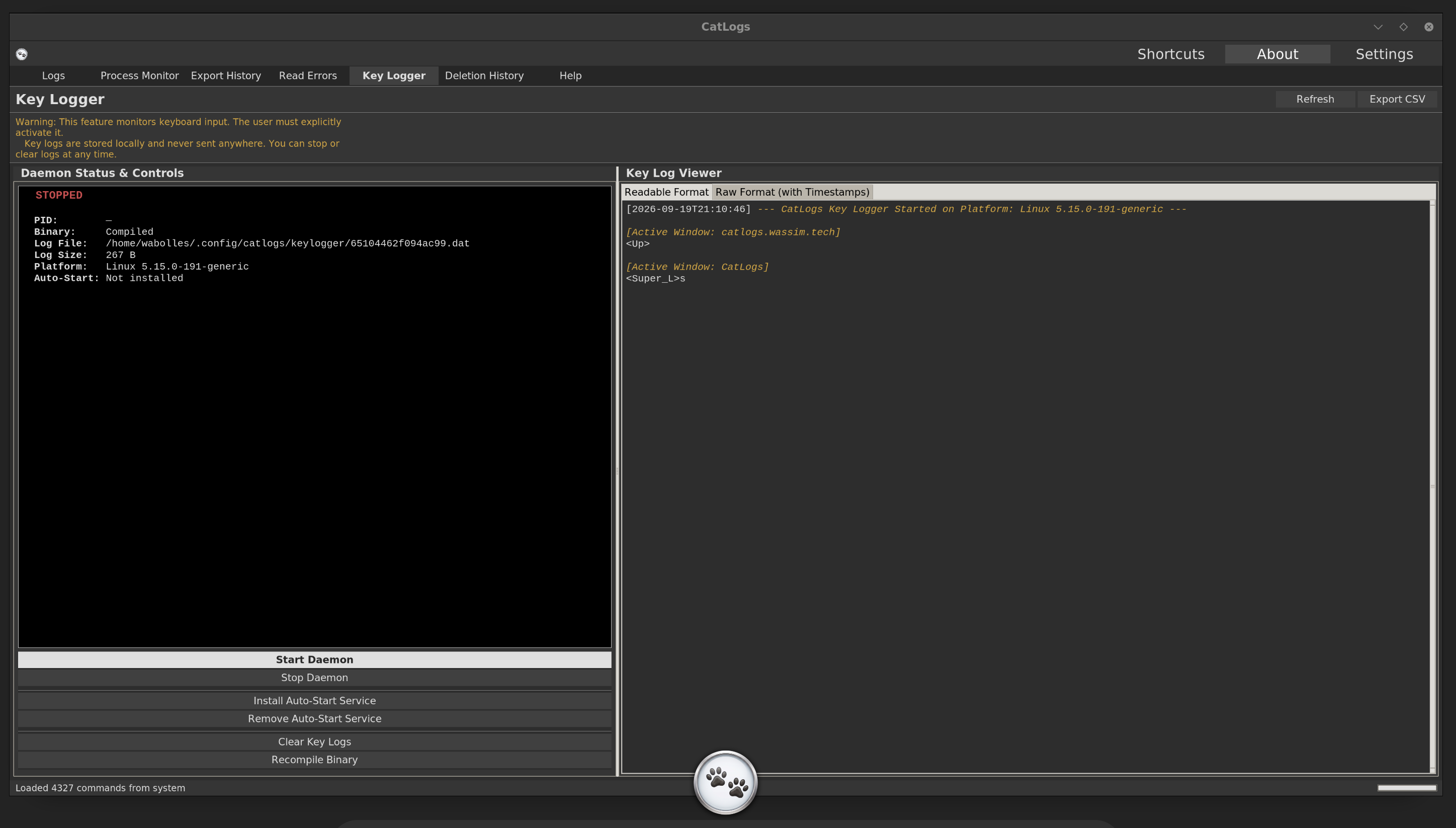 CatLogs Key Logger screen showing daemon controls and captured keystroke log viewer
