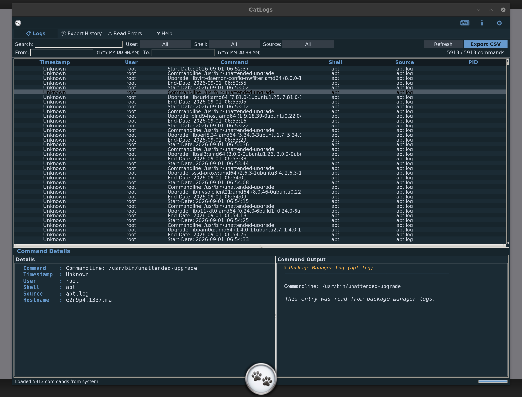 CatLogs main interface showing the logs table, search filters, and detail panel