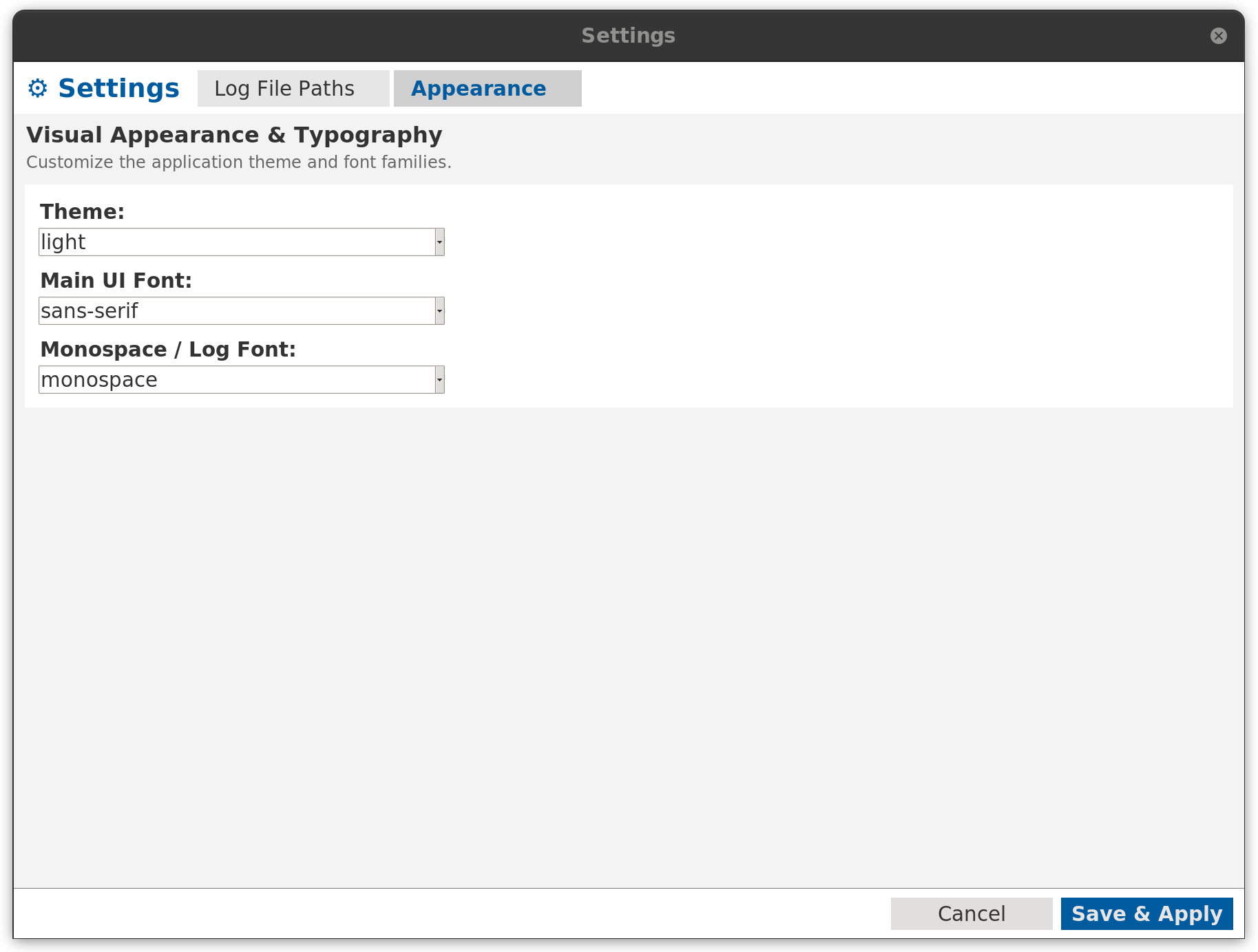Settings dialog showing the Appearance tab with Theme, Main UI Font, and Monospace / Log Font selectors