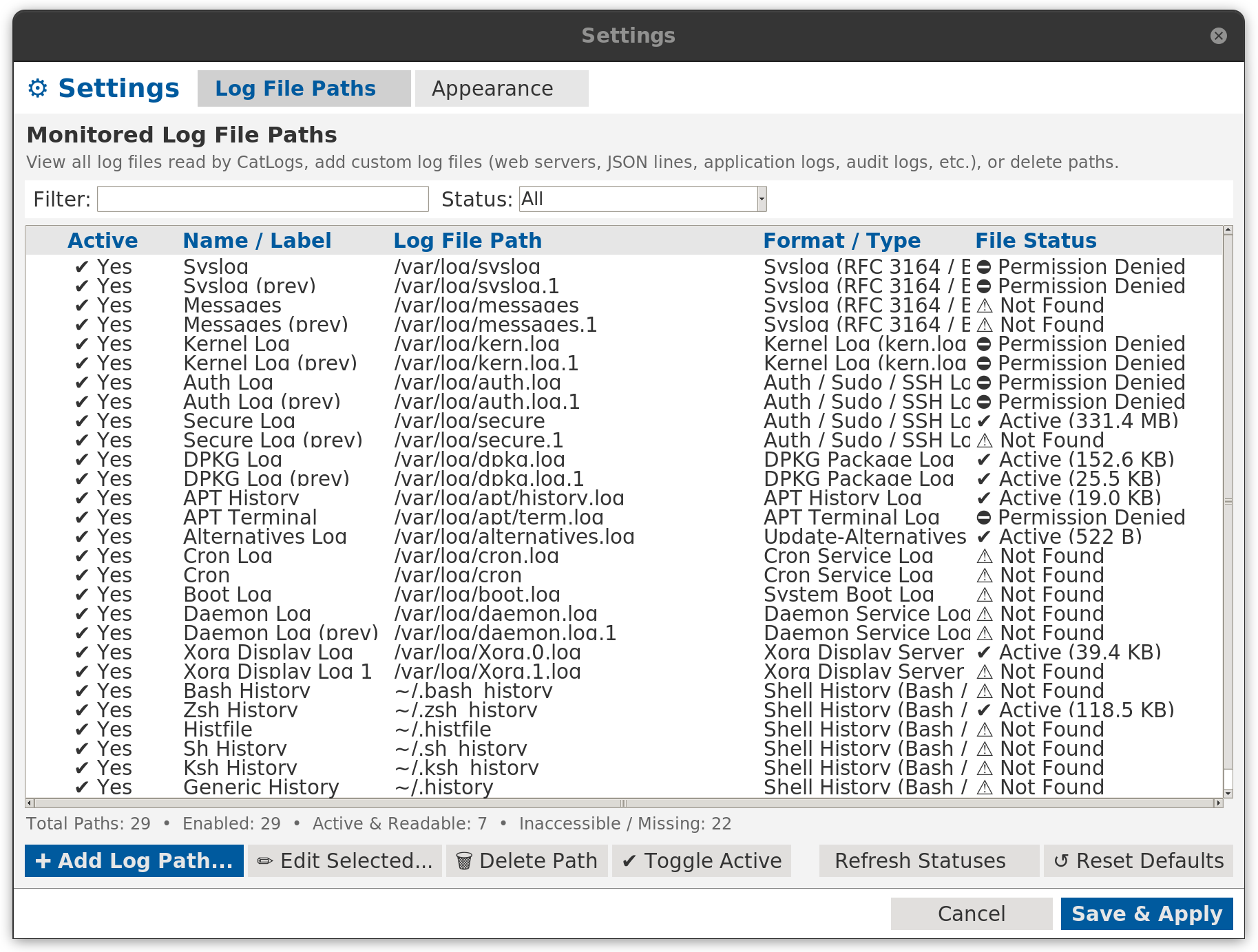 Settings dialog showing the Log File Paths tab with a table of all monitored paths, their formats, and file statuses