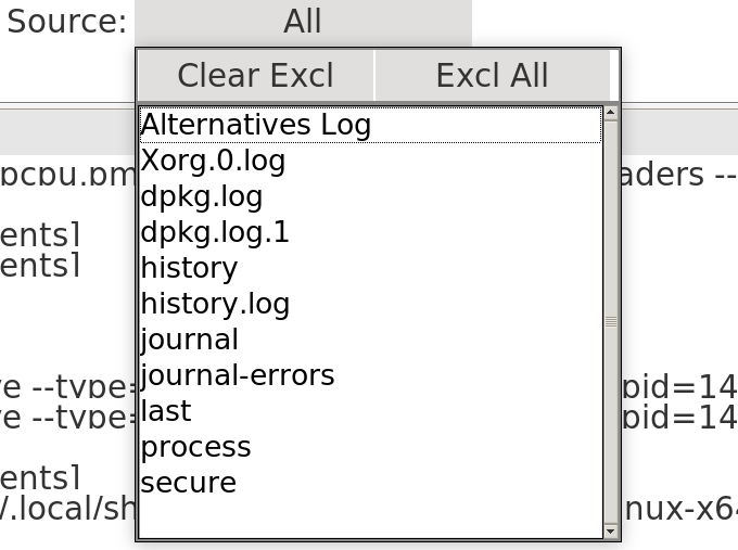 Source filter dropdown showing available log sources like Alternatives Log, Xorg, dpkg, journal, last, process, and more